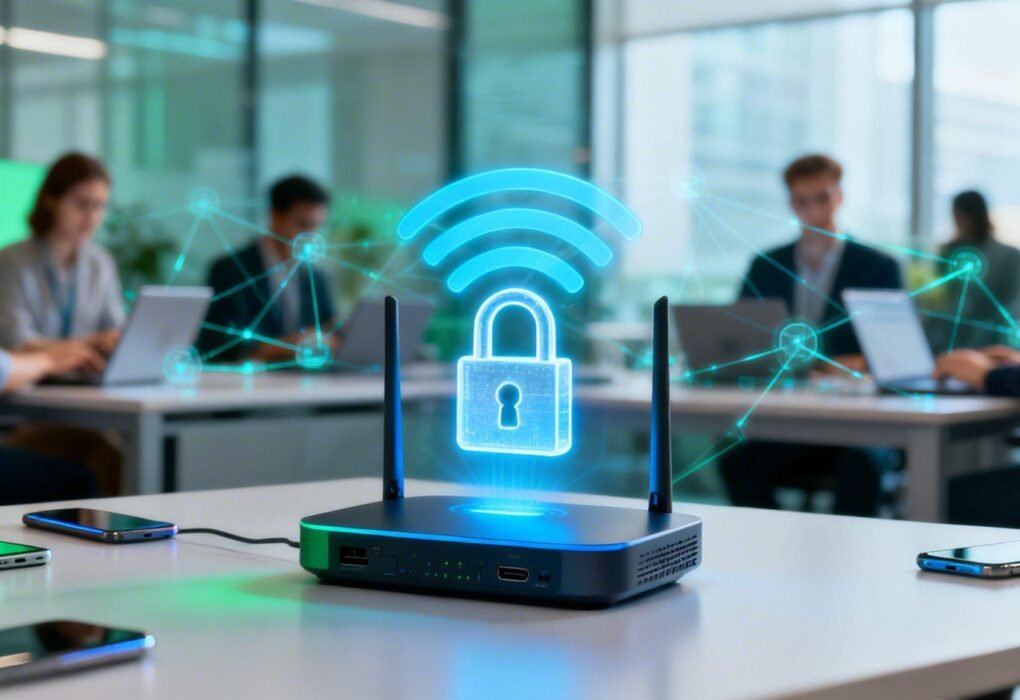 Cybercriminal creating a fake Wi-Fi network to target sensitive information