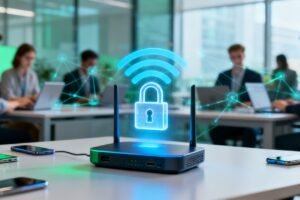 Cybercriminal creating a fake Wi-Fi network to target sensitive information