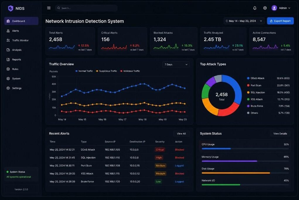 Intrusion detection system monitoring network traffic for suspicious cybersecurity activity.