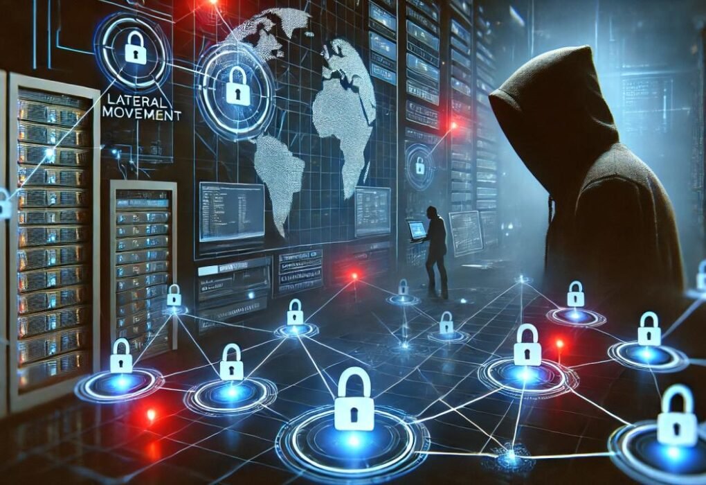 Cybersecurity illustration showing lateral movement attacks spreading across connected network devices.