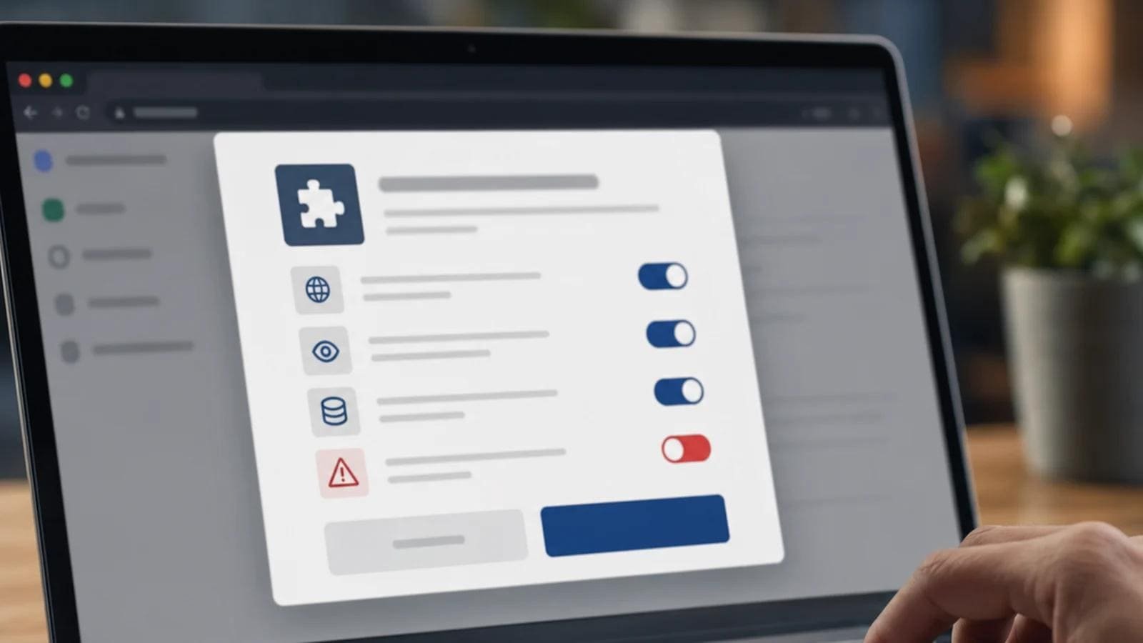 Malicious browser extensions showing warning signs and online security risks