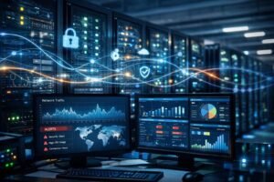 Network traffic analysis dashboard monitoring suspicious connections and potential cyber threats.