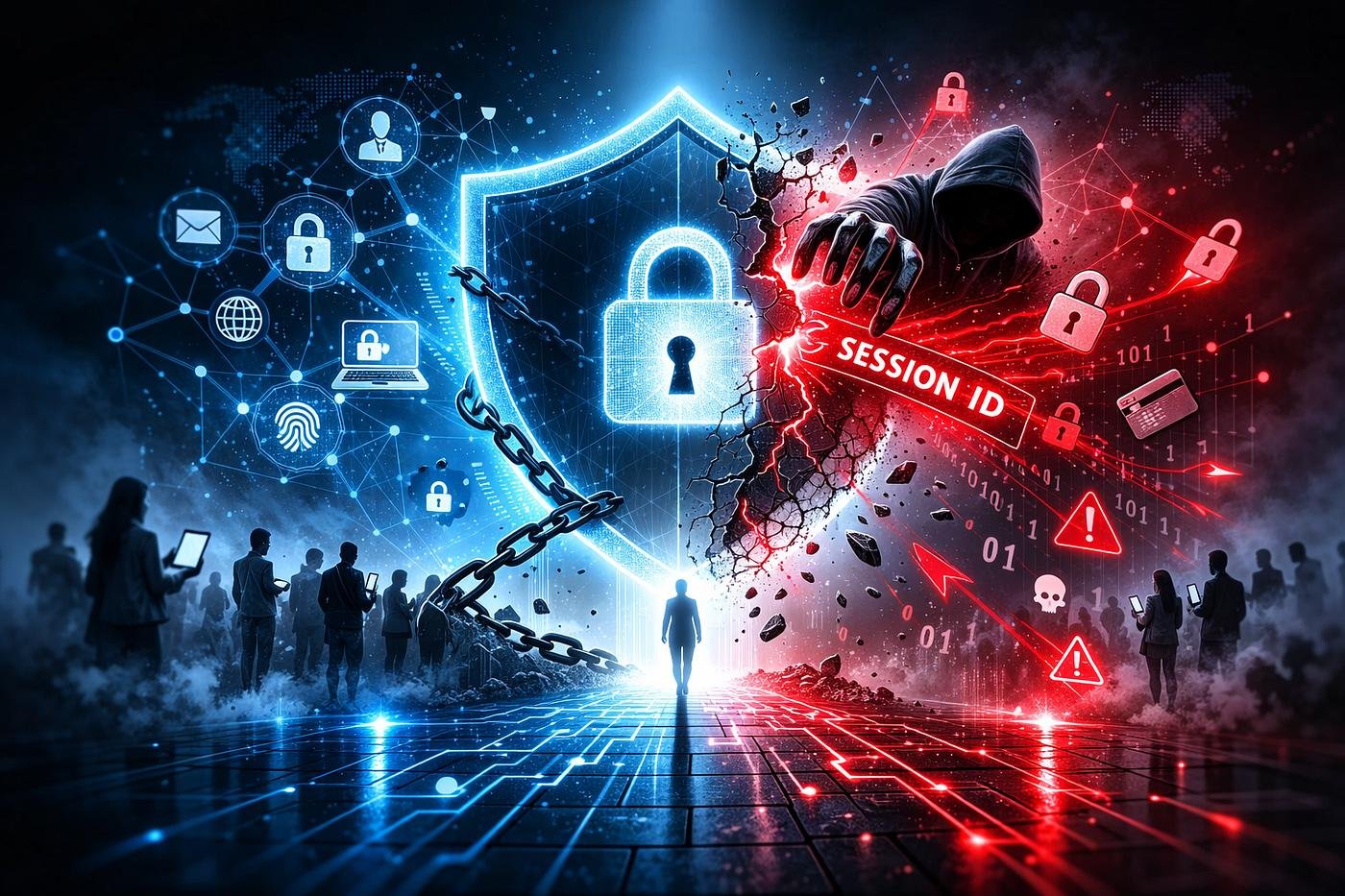 Illustration showing session hijacking and unauthorized access to an online account