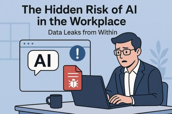 Employee using an unauthorized AI tool on a laptop, highlighting workplace cybersecurity and data privacy risks.